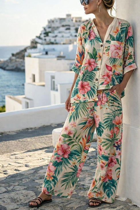 Damen Tropisch Zweiteiliges Set Täglich Halbarm Retro Sommer Bluse mit Hose Matching Set