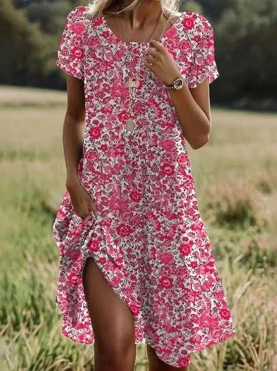 Damen Geblümt Sommer Kleid Rundhals Kurzarm Tunika H-Linie Kleid