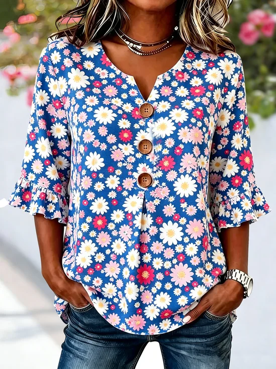V-Ausschnitt Halbarm Geblümt Regelmäßig Regelmäßige Passform Bluse für Damen