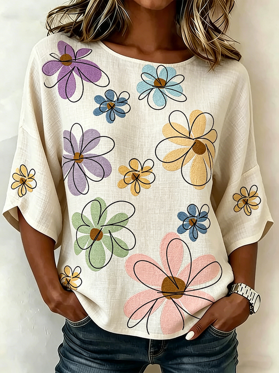 Rundhals Halbarm Geblümt Leicht Weit Bluse für Damen