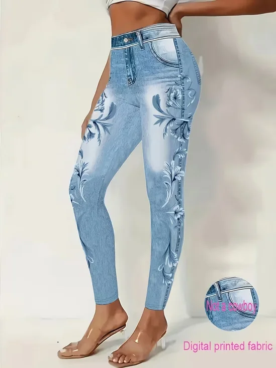 Damen Grafik mit Denim-Imitat-Print Lässig Alle Jahreszeiten Knöchelhose Leggings