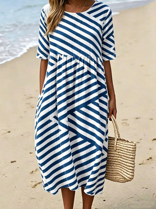 Damen Gestreift Sommer Kleid Rundhals Kurzarm Passen & Flare Kleid A-Linien-Kleid
