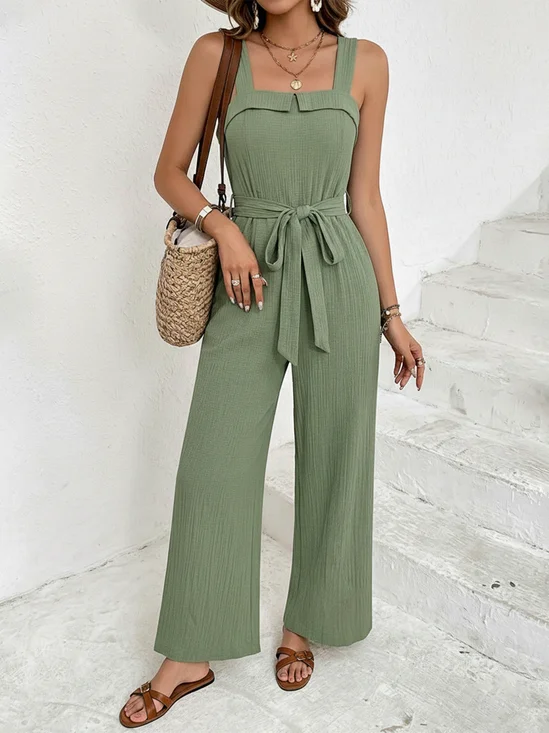 Damen Unifarben Karree-Ausschnitt Ärmellos Lässig Sommer Baumwollmischung Jumpsuit