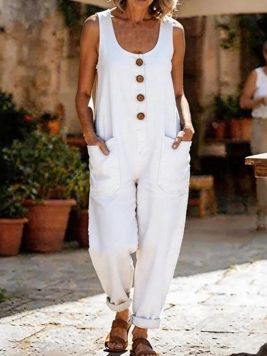 Damen Unifarben Rundhals Ärmellos Retro Sommer Baumwolle Leinen Jumpsuit