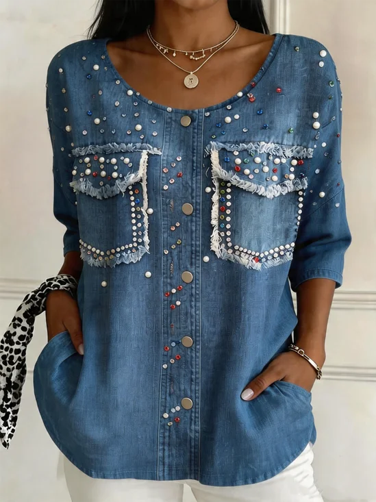 Rundhals Halbarm Grafik mit Denim-Imitat-Print Leicht Weit Bluse für Damen