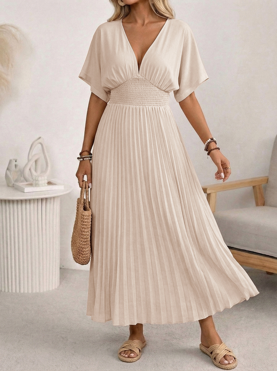 Damen Unifarben Sommer Kleid V-Ausschnitt Kurzarm Passen & Flare Kleid A-Linien-Kleid