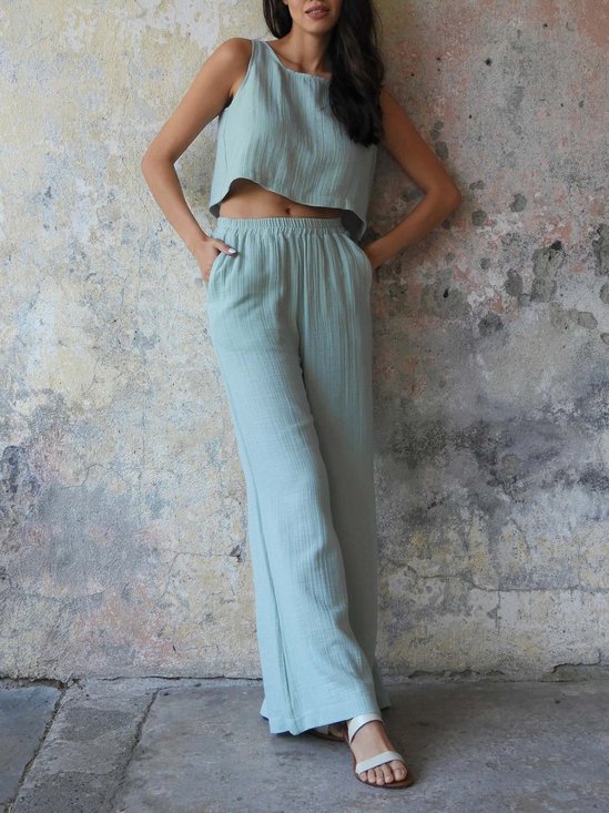Damen Unifarben Nahtverarbeitung Zweiteiliges Set Täglich Ärmellos Lässig Sommer Bluse mit Hose Matching Set