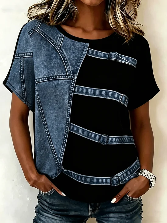 Retro Grafik mit Denim-Imitat-Print Rundhals Kurzarm T-Shirt