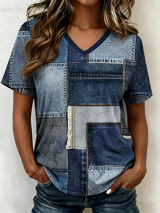Retro Grafik mit Denim-Imitat-Print V-Ausschnitt Kurzarm T-Shirt