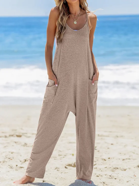 Damen Unifarben U-Ausschnitt Ärmellos Lässig Sommer Jumpsuit
