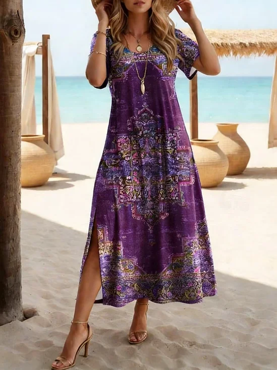 Damen Abstrakt Sommer Print Kleid Rundhals Kurzarm T-Shirt-Kleid H-Linie Kleid