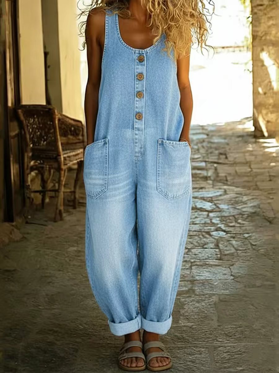 Damen Unifarben Rundhals Ärmellos Retro Sommer Baumwolle Leinen Jumpsuit