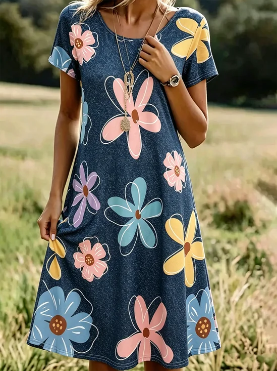 Damen Grafik mit Denim-Imitat-Print Sommer Kleid Rundhals Kurzarm Tunika H-Linie Kleid