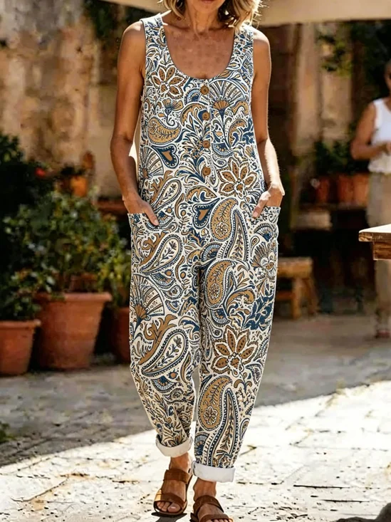 Damen Paisley Rundhals Ärmellos Retro Sommer Baumwolle Leinen Jumpsuit