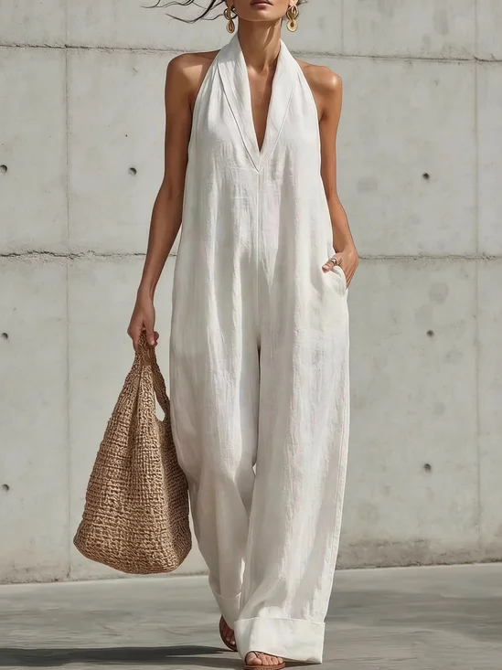 Damen Unifarben Neckholder Ärmellos Lässig Sommer Baumwolle Jumpsuit