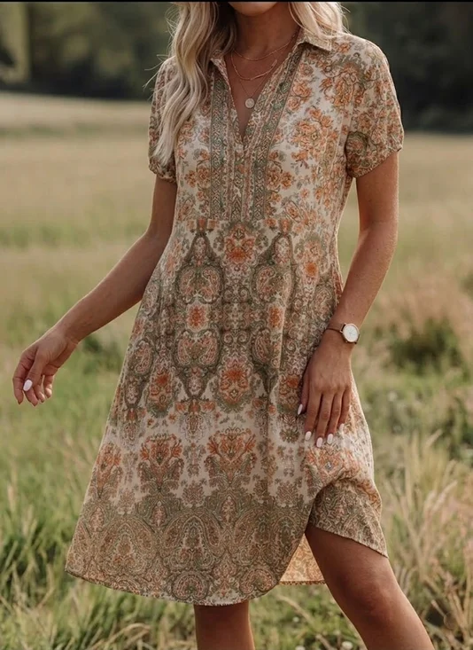 Damen Geblümt Alle Jahreszeiten Kleid Hemdkragen Kurzarm Blusenkleid A-Linien-Kleid