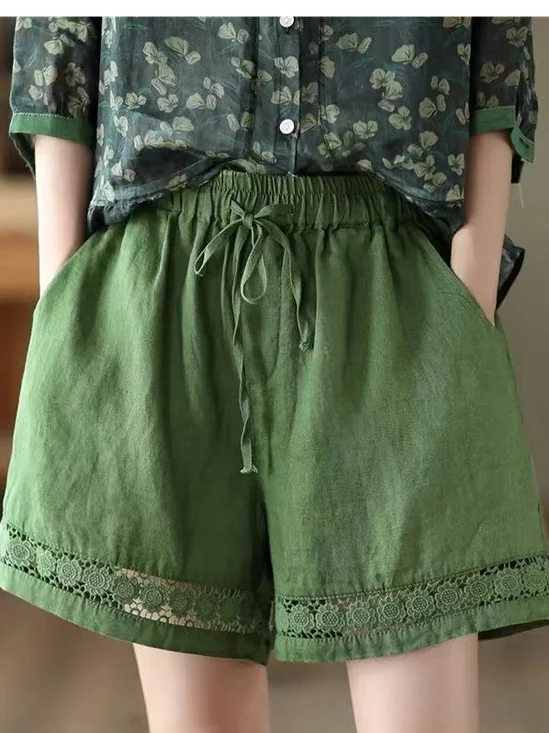 Lässig Unifarben Hohe Taille Hose mit Weitem Bein Shorts