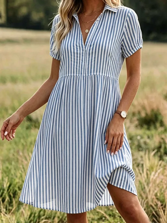 Damen Gestreift Sommer Kleid V-Ausschnitt Kurzarm Blusenkleid A-Linien-Kleid
