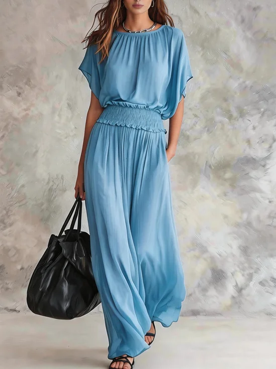 Damen Unifarben Sommer Kleid Rundhals Kurzarm Passen & Flare Kleid A-Linien-Kleid