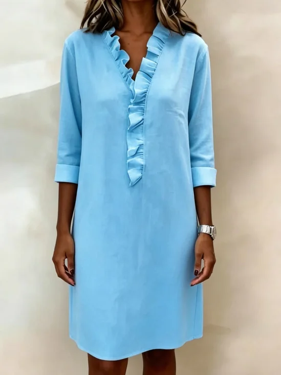Damen Unifarben Sommer Kleid V-Ausschnitt Halbarm Passen & Flare Kleid A-Linien-Kleid