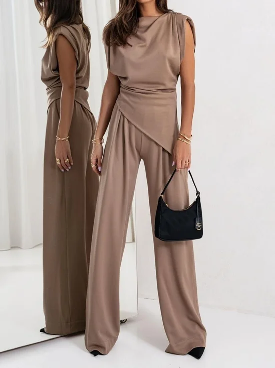 Damen Unifarben Zweiteiliges Set Täglich Ärmellos Lässig Sommer Bluse mit Hose Matching Set