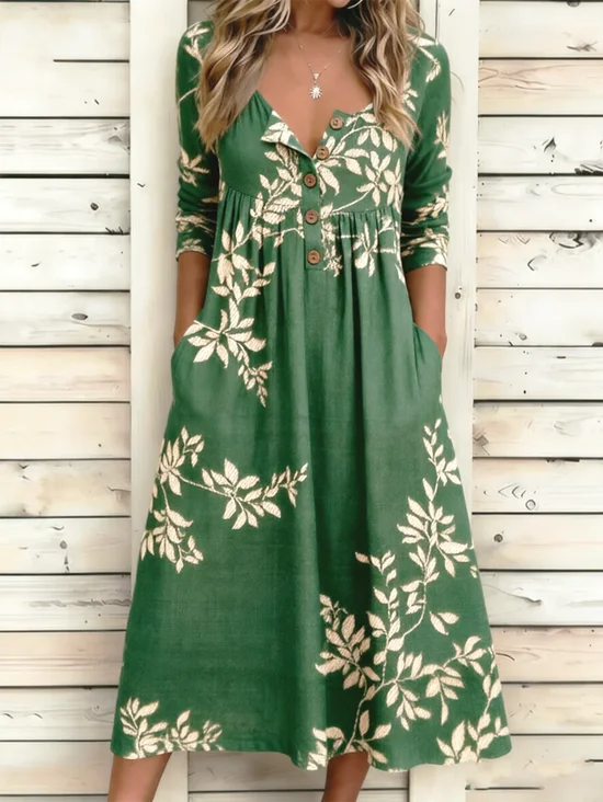 Damen Blätter Sommer Kleid Halb offener Kragen Halbarm A-Linien-Kleid
