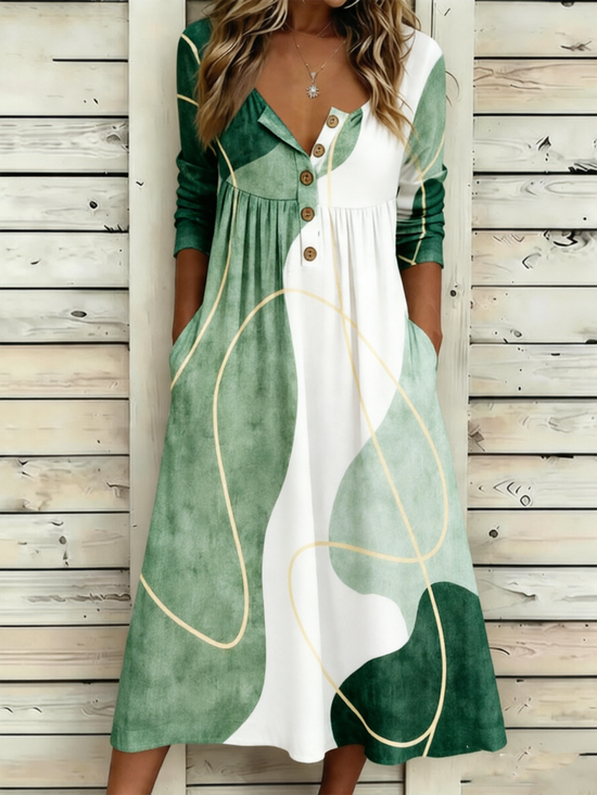 Damen Geometrisch Sommer Kleid Halb offener Kragen Halbarm A-Linien-Kleid