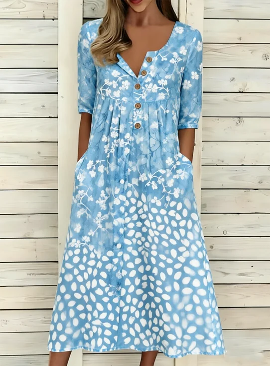 Damen Geblümt Sommer Kleid Halb offener Kragen Halbarm A-Linien-Kleid