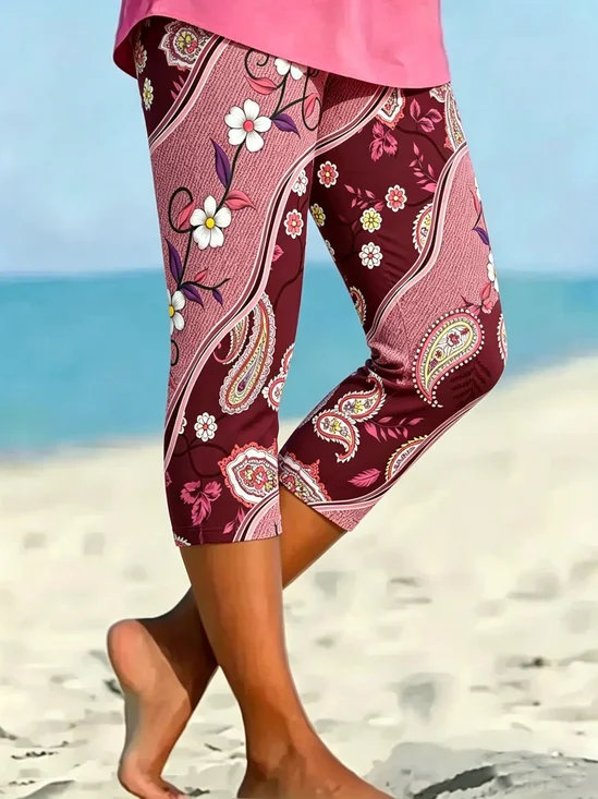 Damen Paisley Elastische Taille Retro Sommer Caprihosen Leggings