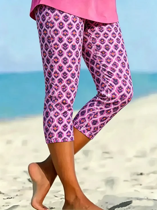 Damen Geblümt Elastische Taille Retro Sommer Caprihosen Leggings
