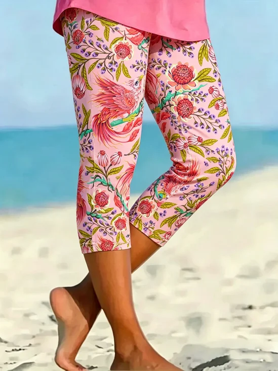 Damen Geblümt Elastische Taille Retro Sommer Caprihosen Leggings