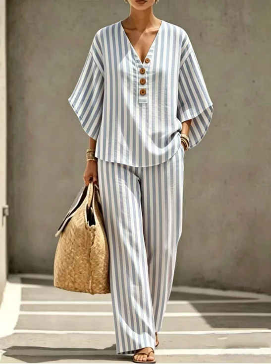 Damen Gestreift Zweiteiliges Set Täglich Kurzarm Lässig Sommer Bluse mit Hose Matching Set