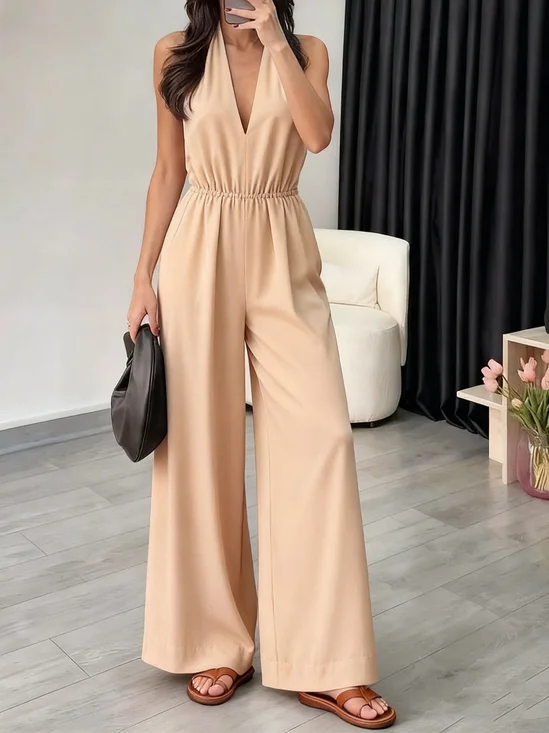 Damen Unifarben V-Ausschnitt Ärmellos Lässig Sommer Jumpsuit