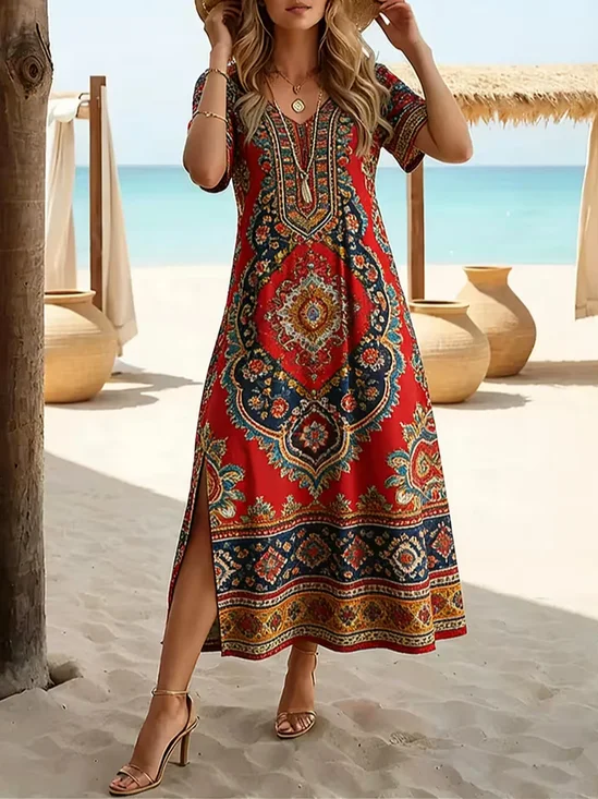 Damen Ethnisch Sommer Print Kleid Rundhals Kurzarm T-Shirt-Kleid H-Linie Kleid
