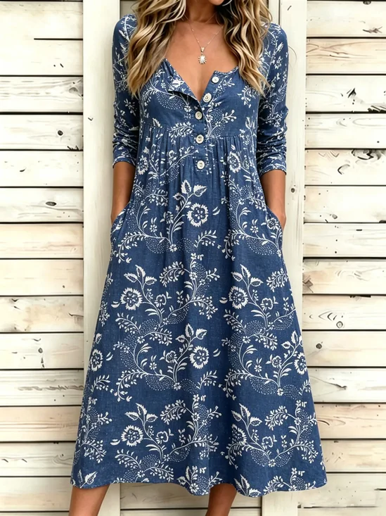 Damen Geblümt Sommer Kleid Halb offener Kragen Halbarm Passen & Flare Kleid A-Linien-Kleid