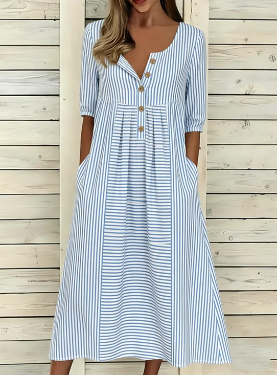 Damen Gestreift Sommer Kleid Halb offener Kragen Halbarm A-Linien-Kleid