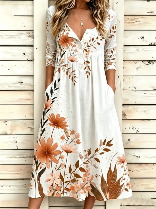 Damen Geblümt Sommer Kleid Halb offener Kragen Halbarm Passen & Flare Kleid A-Linien-Kleid