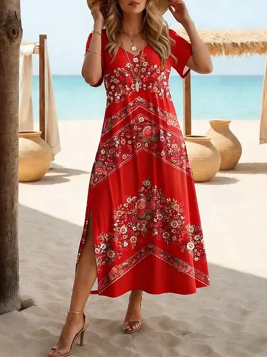 Damen Geblümt Sommer Print Kleid V-Ausschnitt Kurzarm X-Linie Kleid