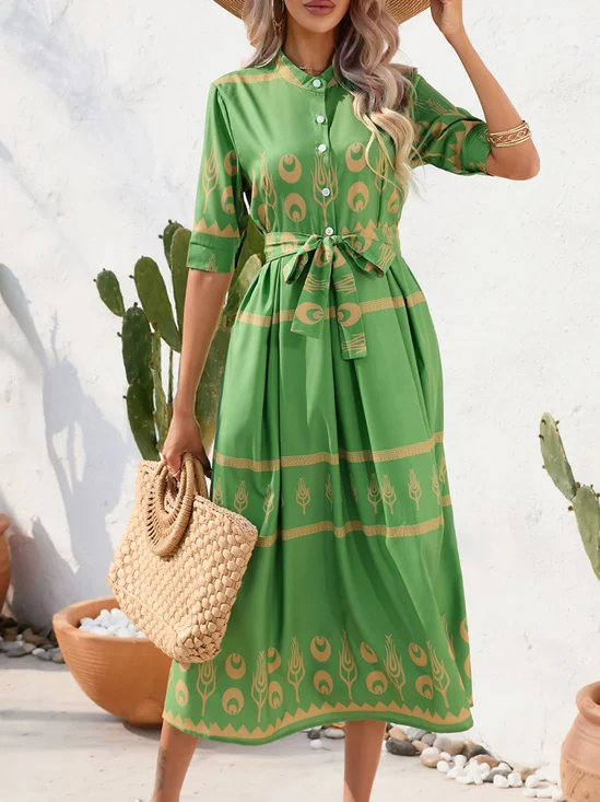Damen Geometrisch Sommer Print Kleid Rundhals Kurzarm Blusenkleid A-Linien-Kleid