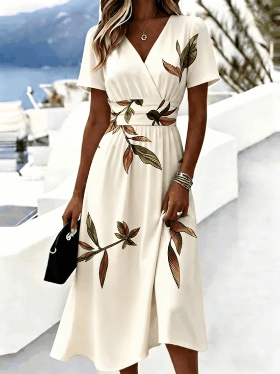 Damen Botanisch Muster Sommer Kleid V-Ausschnitt Kurzarm Strandkleid A-Linien-Kleid