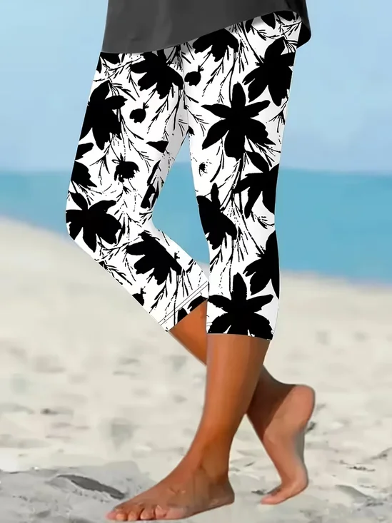 Damen Geblümt Caprihosen Elastische Taille Hose Lässig Sommer Hose