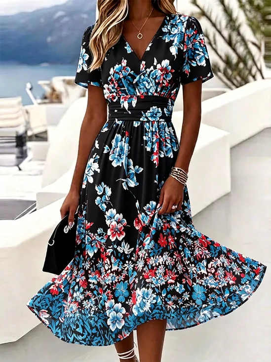 Damen Geblümt Sommer Kleid V-Ausschnitt Kurzarm Strandkleid A-Linien-Kleid