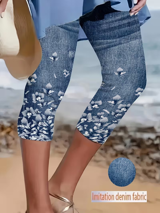 Damen Geblümt Caprihosen Elastische Taille Hose Lässig Sommer Hose