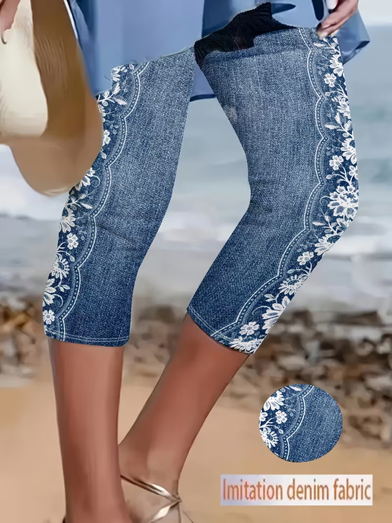 Damen Geblümt Caprihosen Elastische Taille Hose Lässig Sommer Hose