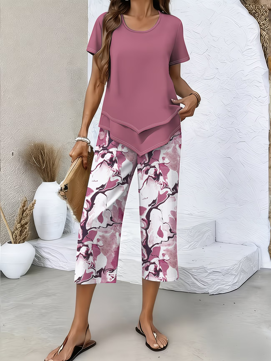 Damen Abstrakt Print Zweiteiliges Set Täglich Kurzarm Lässig Sommer Bluse mit Hose Matching Set