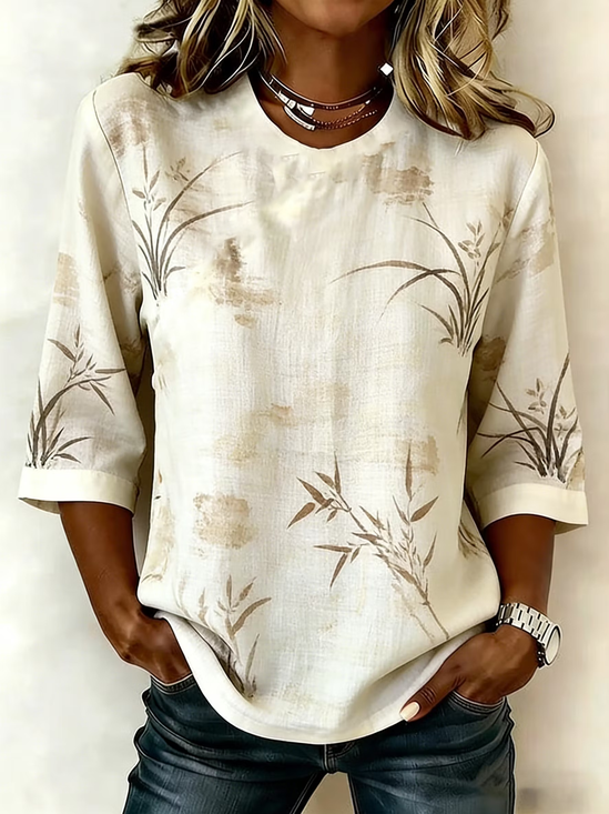 Rundhals Halbarm Pflanzen Print Regelmäßig Mikroelastizität Regelmäßige Passform Bluse für Damen