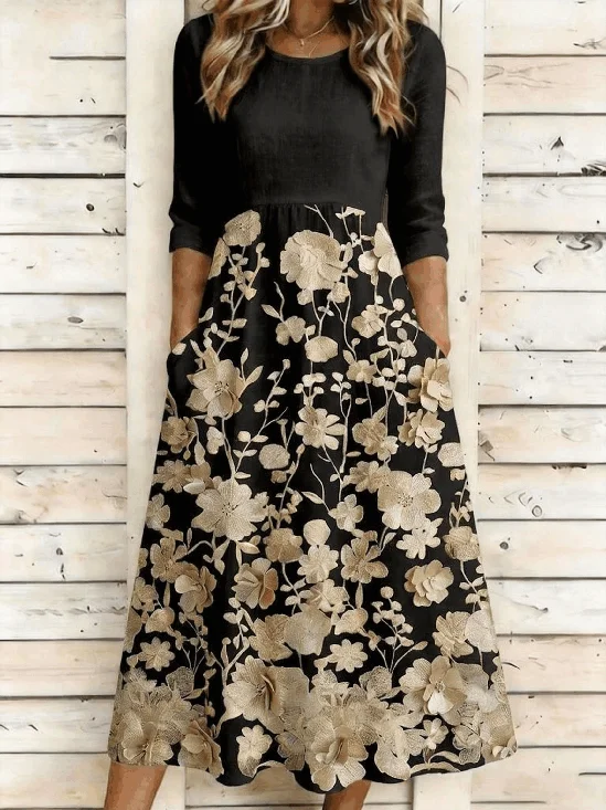 Damen Geblümt Sommer Kleid Rundhals Halbarm A-Linien-Kleid
