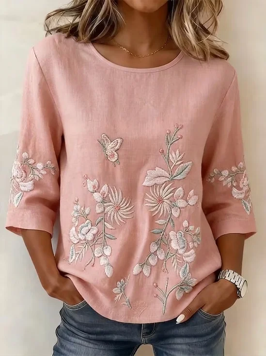 Rundhals Halbarm Geblümt Print Regelmäßig Mikroelastizität Regelmäßige Passform Bluse für Damen