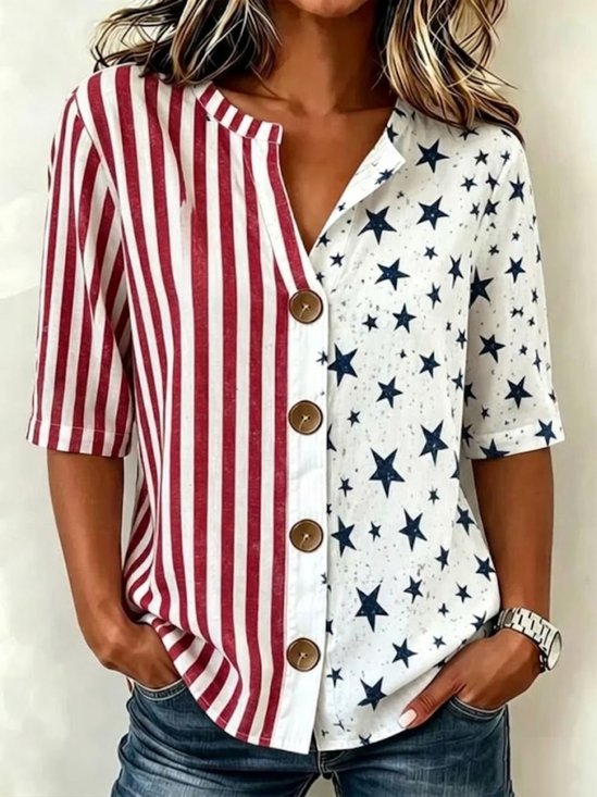 Stehkragen Dreiviertelärmel Amerika-Flagge Regelmäßig Weit Bluse für Damen