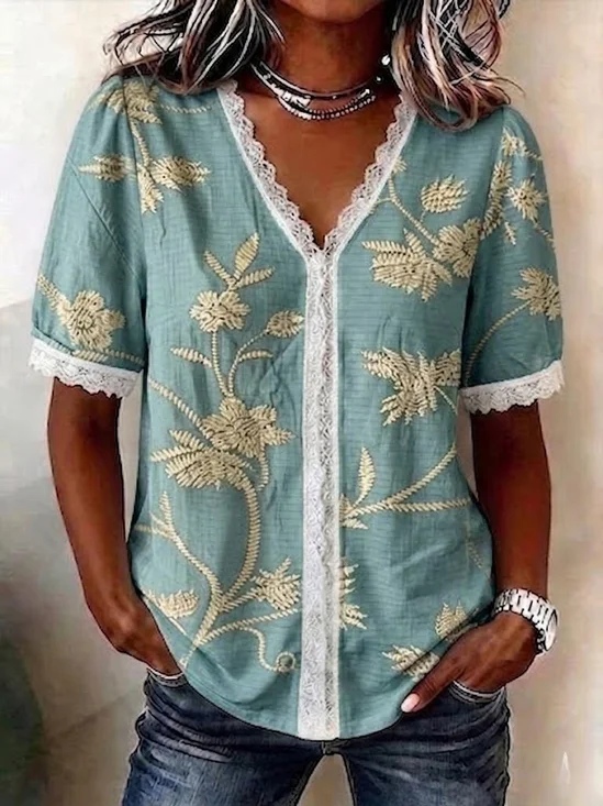 V-Ausschnitt Kurzarm Botanisch Muster Regelmäßig Regelmäßige Passform Bluse für Damen